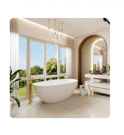 35.4 Inch X 70.9 Inch Matte White Solid Surface Oval Freestanding Soaking Bathtub with Drain (Centered Drain) (New in Box)