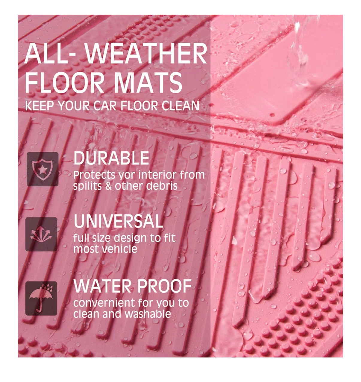 Car Pass Heavy Duty Rubber Floor Mats 4 Piece, Pink Car Mats Full Sets Anti-Slip, Waterproof Universal Trim to Fit for Car SUV Truck, Durable All Weather Automotive Car mats (Pink) (New in Box)