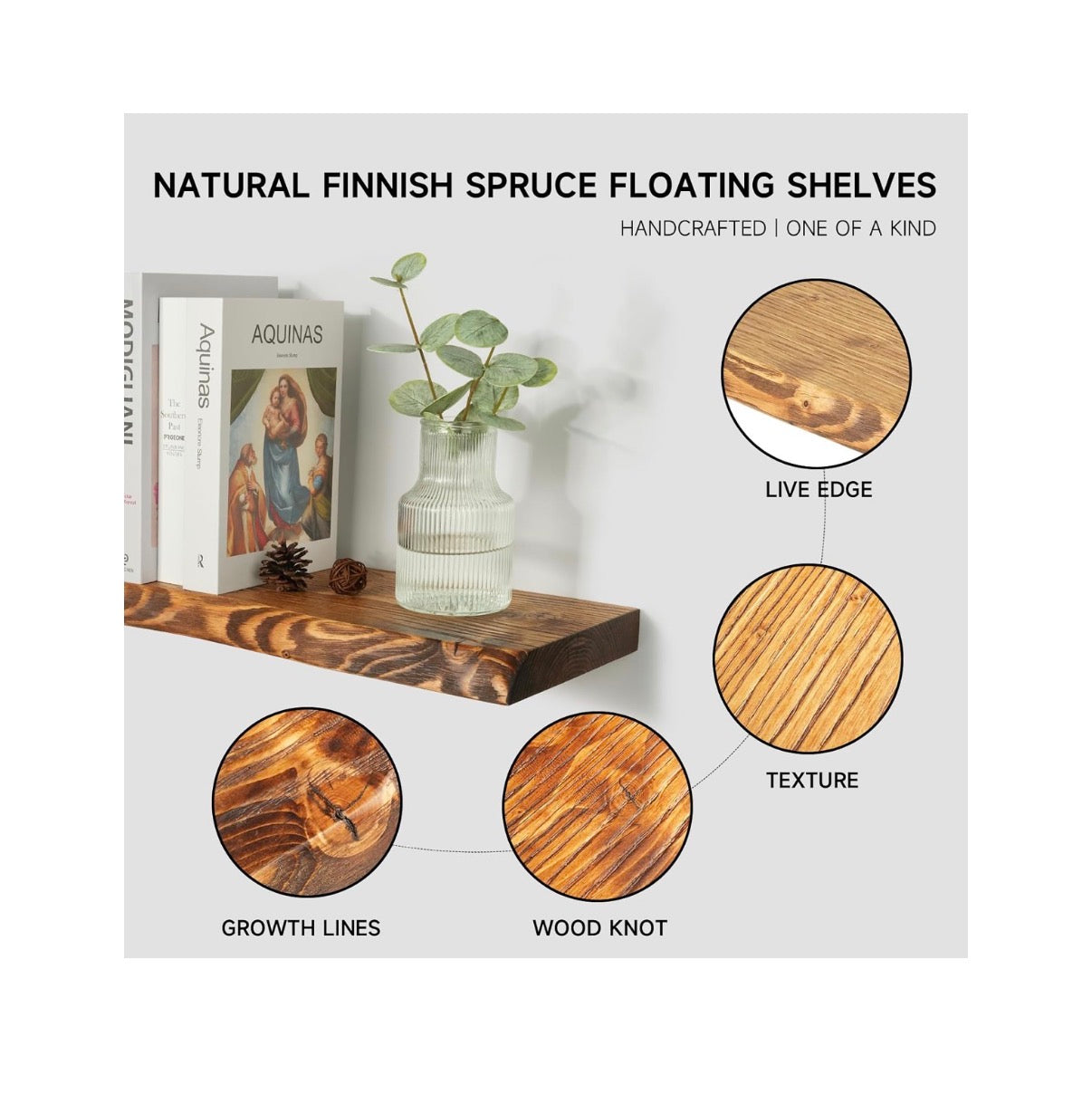 24 Inch Live Edge Floating Shelves for Wall Set of 2, Solid Finish Spruce Natural Wood Floating Shelves, Thick Rustic Edge Shelves for Bathroom, Kitchen, Living Room, Decor (Brown Finish) (New in Box)