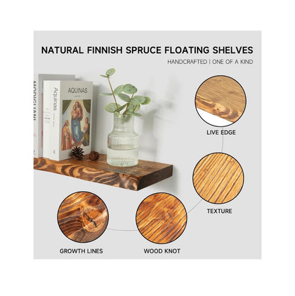 24 Inch Live Edge Floating Shelves for Wall Set of 2, Solid Finish Spruce Natural Wood Floating Shelves, Thick Rustic Edge Shelves for Bathroom, Kitchen, Living Room, Decor (Brown Finish) (New in Box)
