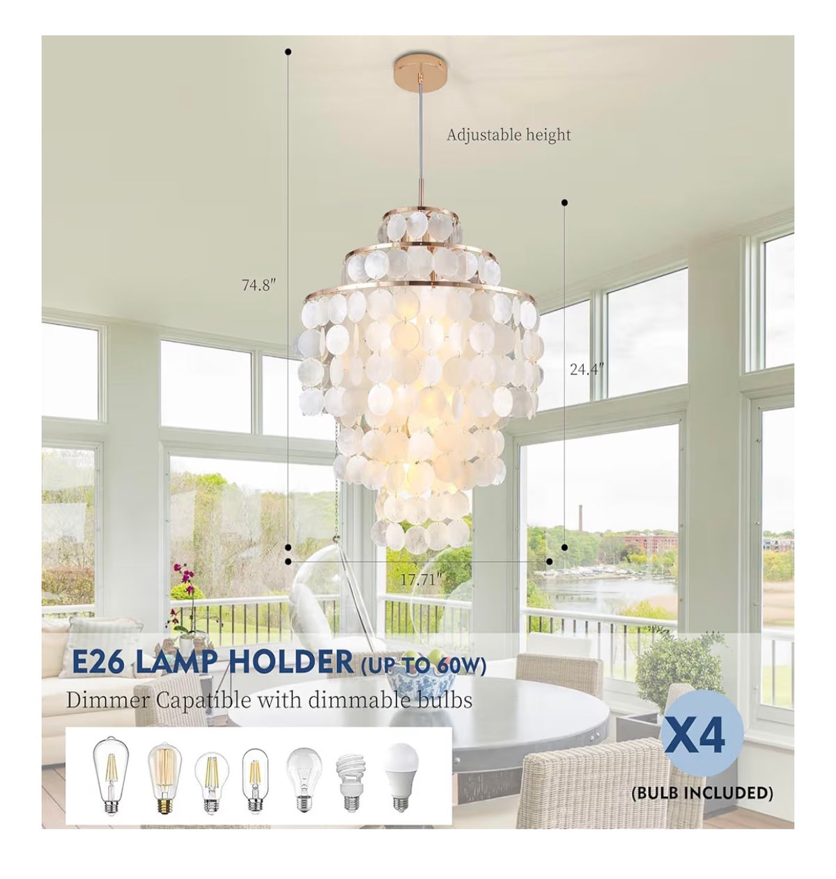 Capiz Shell Chandelier 18 Inch Gold Coastal Chandelier Light Fixture with 4 Lights Capiz Seashell Pendant for living Room Foyer, Kitchen Island Entryway, Dining Room Bedroom, LED Bulb Included (New in Box)