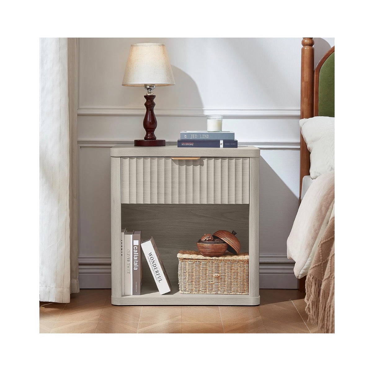 Fluted Nightstands with Charging Station, 23 Inch Wide with 1 Drawer Nightstand, End Table with Open Storage, Farmhouse Bed Side Tables Wood Dresser for Bedroom, Livingroom, Closet (Light Gray) (New in Box; Needs to be Assembled)