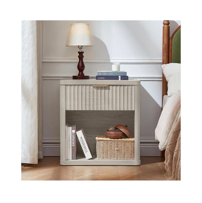 Fluted Nightstands with Charging Station, 23 Inch Wide with 1 Drawer Nightstand, End Table with Open Storage, Farmhouse Bed Side Tables Wood Dresser for Bedroom, Livingroom, Closet (Light Gray) (New in Box; Needs to be Assembled)