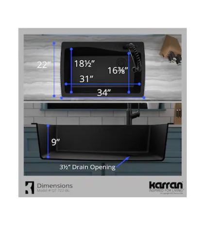 Karran Drop-In 34 Inch X 22 Inch Black Quartz Single Bowl 1 Hole Kitchen Sink (New in Box)