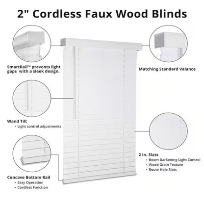 White cordless faux wood blinds for windows with 2 inch slats - 33.5 inches W X 48 inches L