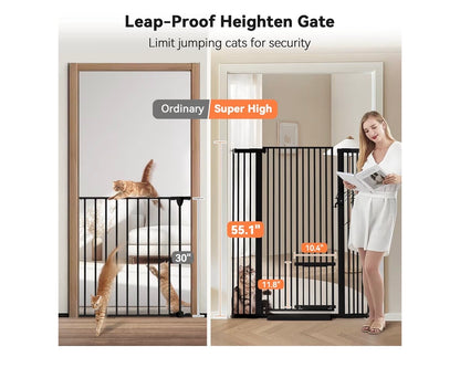 Comomy 55.1 Inch Extra Tall Pet Gate for Cats, 29.5-43 Inches Extra Wide Cate Gate with Adjustable Cat Door, Pressure Mounted Easy Walk Through Pet Gate with Door for Stairs, Doorways, Kitchen (Black) (New in Box)