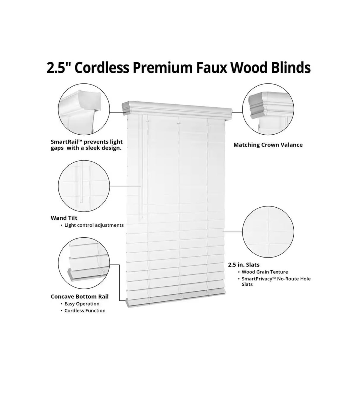 Cordless Premium Faux Wood Blinds with 2.5 Inch Slats 35 Inch Width X 72 Inch Length with Actual Size 34.5 Inch Width X 72 Inch Length (White) (New in Box)