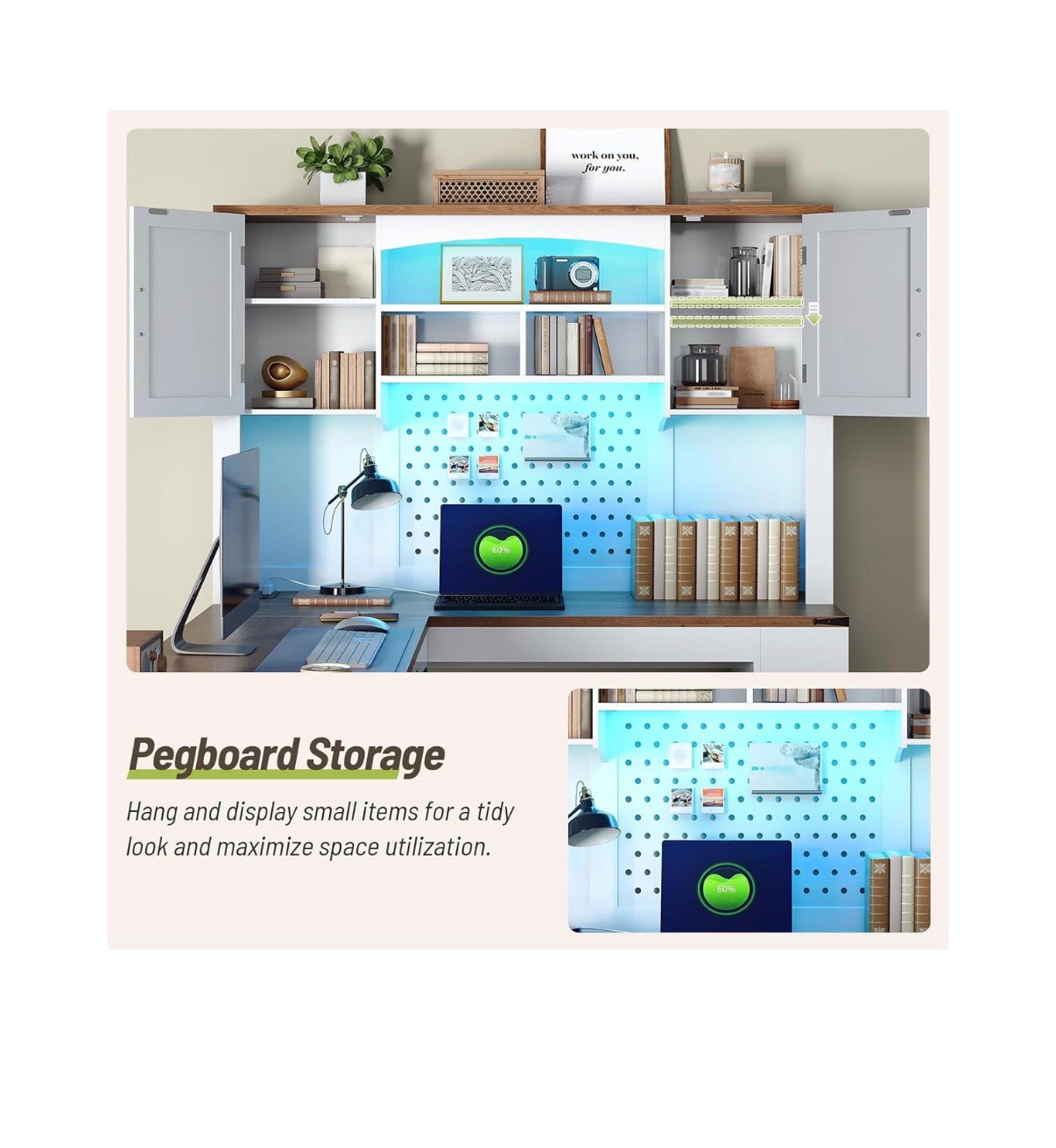 67 Inch L Shaped Executive Desk with Hutch, Farmhouse Corner Computer Desk with File Drawer, Wooden Office Desk with Storage Shelves and LED Lights for Home, Office (White/Walnut) (New in Box;2 boxes)