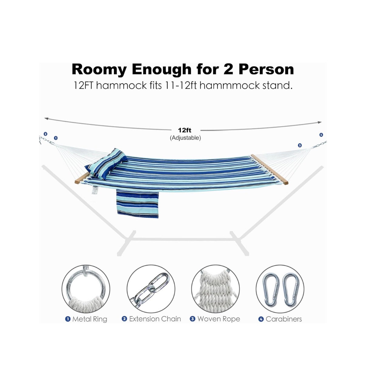 Gafete 12 Ft. 2 Person Hammock for Outside with Hardwood Spreader Bar 475 lbs, Comfy Quilted Fabric, Extra Large Removable Pillow, Convenient Side Pocket & Secure Carabiners, (Catalina Beach) (New in Box)