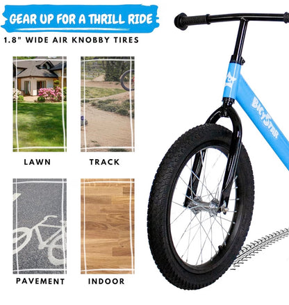 Bicystar 16 Inch Kids Balance Bike for 5-8 Year Olds, No Pedals, Air Tires, Footrests, Adjustable Height (Blue) (New in Box)