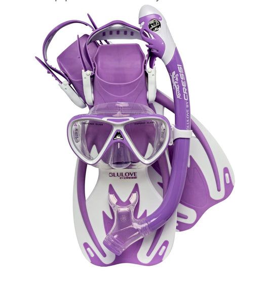 Cressi Junior Snorkeling Kit for Young Aged 3 to 10 Mask + Dry Snorkel + Adjustable Fins+ Net Bag Lightweight Colorful Equipment Rocks Pro Dry Set (Lilac/White) (New in Bag)