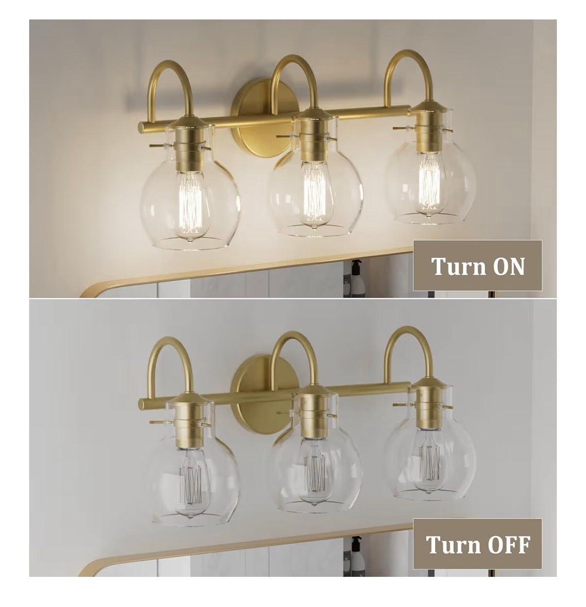 Primeplus Gold Vanity Light 3 Light Bathroom Light Fixtures, Modern Bathroom Vanity Lights Fixtures Over Mirror with Clear Gloe Glass Shade, Gold Wall Sconces for Bathroom Hallway E26 Base