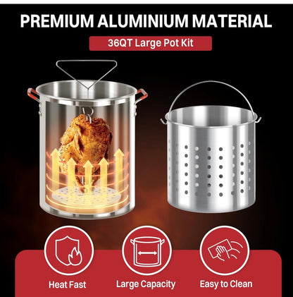 36 Qt. Outdoor Fryer - Turkey Fryer - Seafood Boil Pot, Cover & Skimmer included - 50,000BTU Propane Burner, Aluminum Deep Fryer Pot with Basket, Crab, Seafood & Crawfish Boiler
