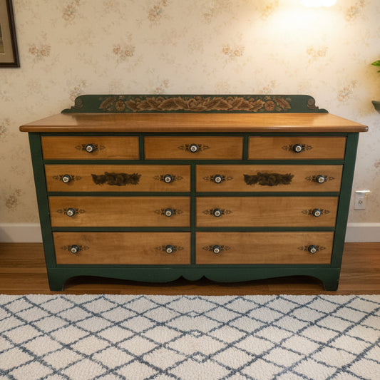 Hitchcock Maple & Black 9 Drawer Dresser with Stenciling