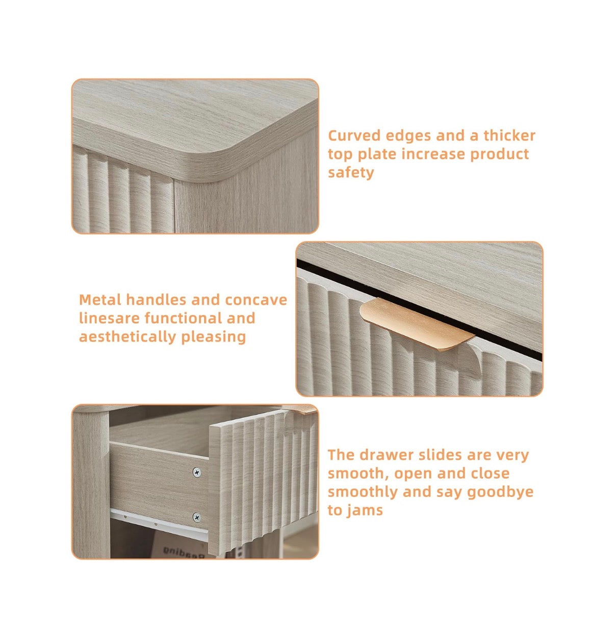 Fluted Nightstands with Charging Station, 23 Inch Wide with 1 Drawer Nightstand, End Table with Open Storage, Farmhouse Bed Side Tables Wood Dresser for Bedroom, Livingroom, Closet (Light Gray) (New in Box; Needs to be Assembled)