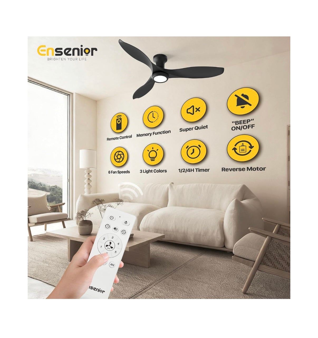 Ensenior 52 Inch Flush Mount Ceiling Fans with Lights and Remote Quiet Reversible Motor, 3 ABS Blades, 6 Speeds, 3 CCT Mute Mode, Low Profile, Memory Function, 1/2/4 Hour Timer (Black) (New in Box)