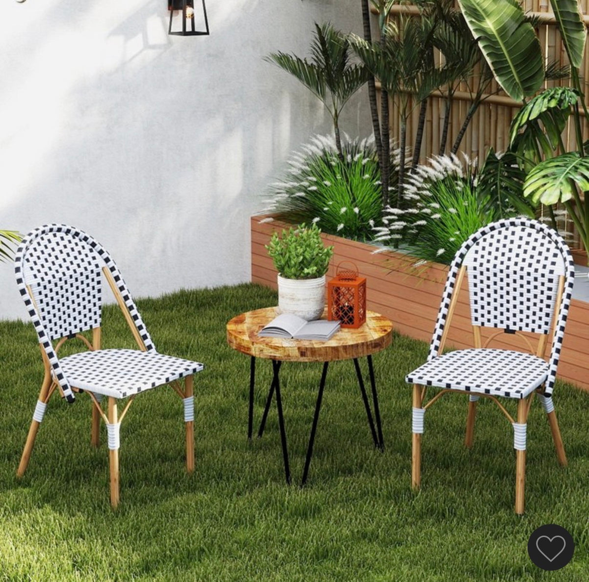 Costway Set of 2 French Bistro Chairs, Outdoor Armless Dining Chairs with Handwoven Rattan and Galvanized Metal Frame (Black/White) (New in Box)