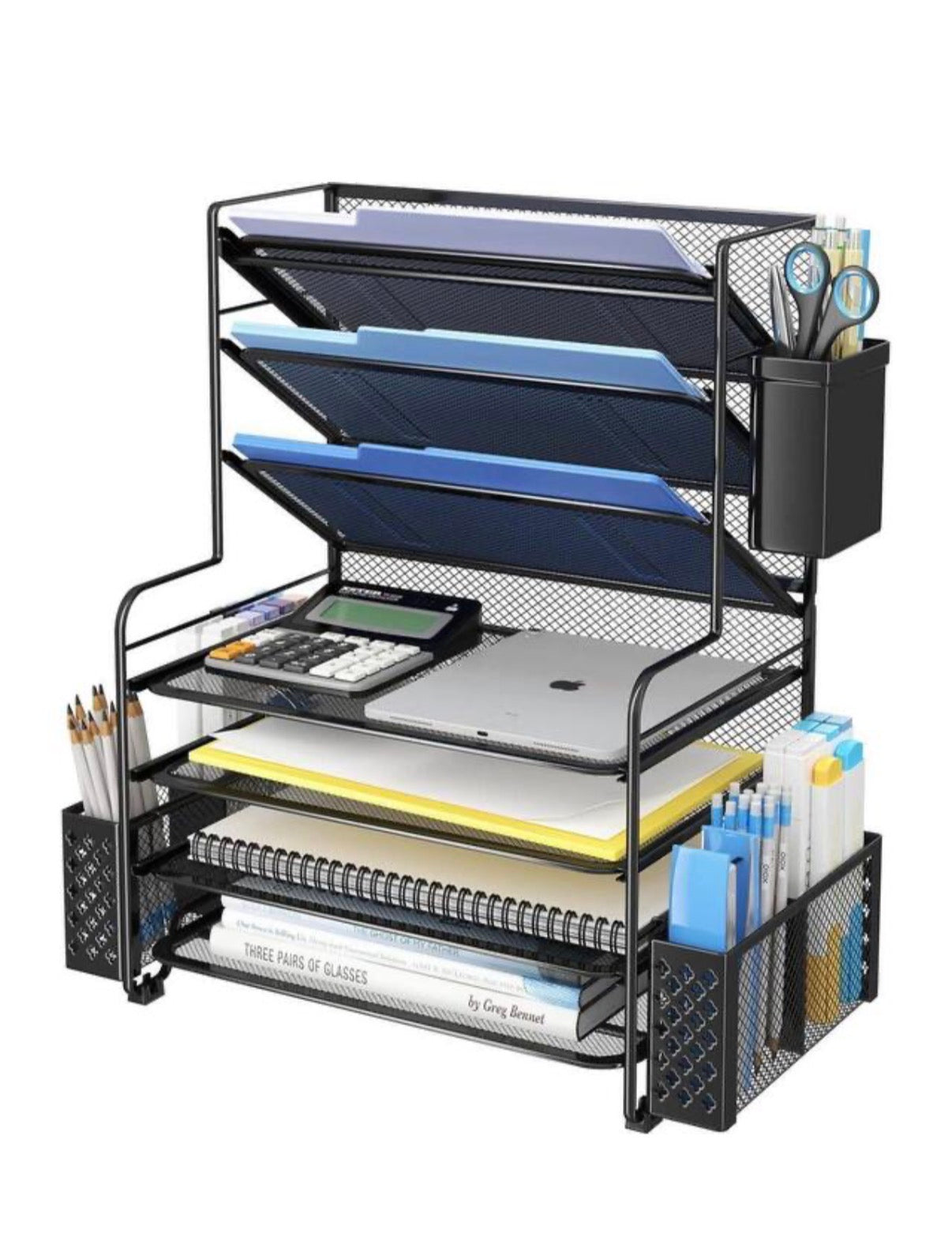 16.75 Inch X 16.75 Inch 7 Tier Desk File Organizer, Letter Tray Paper Organizer and Pen Holder and Metal Hanging Basket (Black)