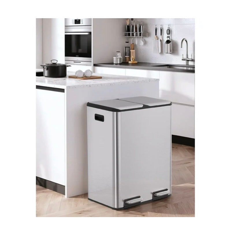 Lazy Buddy 16 Gal Dual Kitchen Trash Can, Rectangular Stainless Steel Recycling Garbage Can with 2 Built-in Odor Control Box (Silver) (New in Box)