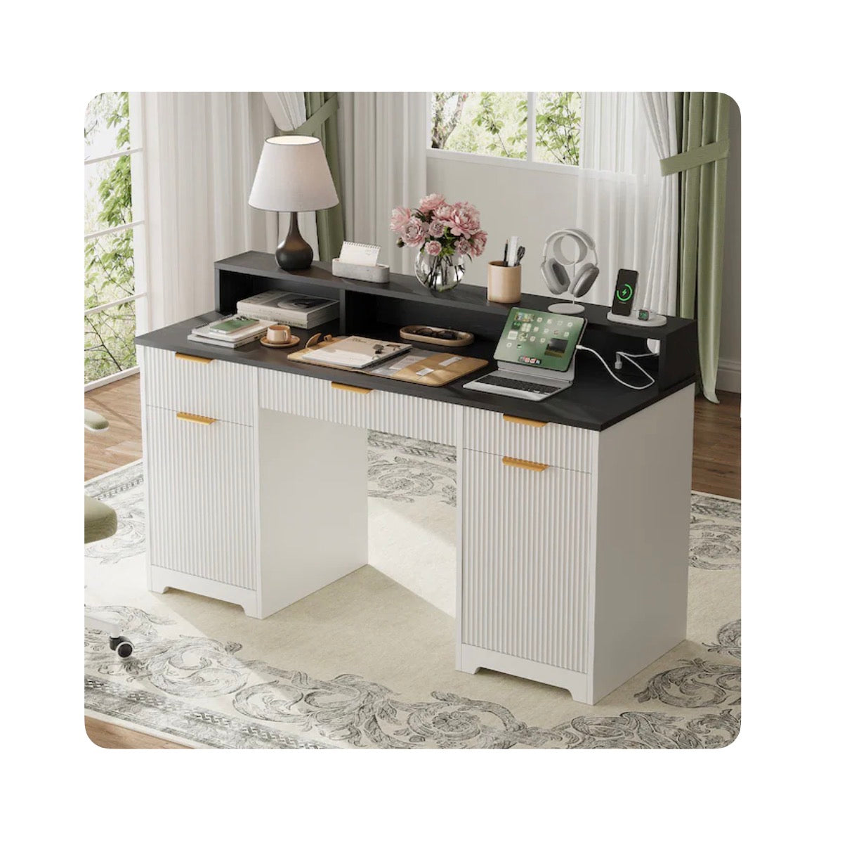 Office Desk Computer Table with Power Outlets and Monitor Stand 59 Inch Modern/Contemporary (White) (New in Box)