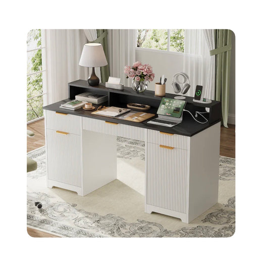 Office Desk Computer Table with Power Outlets and Monitor Stand 59 Inch Modern/Contemporary (White) (New in Box)