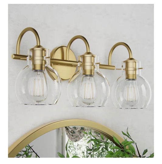 Primeplus Gold Vanity Light 3 Light Bathroom Light Fixtures, Modern Bathroom Vanity Lights Fixtures Over Mirror with Clear Gloe Glass Shade, Gold Wall Sconces for Bathroom Hallway E26 Base