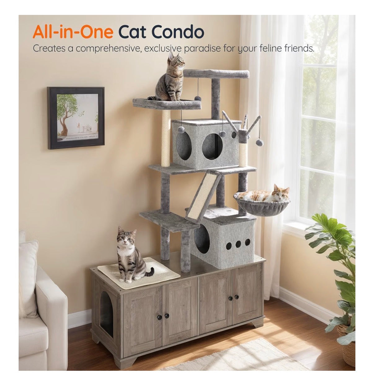 Double Litter Box Enclosure with Cat Tree, 45.3 Inch Length X 17.7 Inch Width X 68.9 Inch Height All in One Modern Cat Tower with Bed, Hidden Litter Box Enclosure Furniture, with Hammock (Geige) (New in Box)