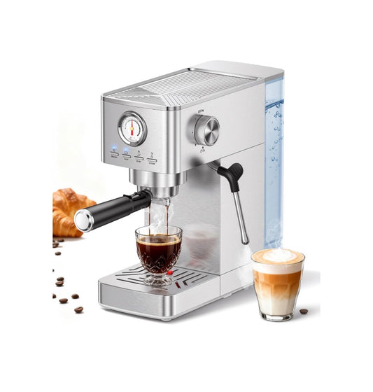 Espresso Machine 20 Bar with Milk Frother, Stainless Steel 47 oz Water Tank, Warm Cup & Auto Shut Off (Silver) (New in Box)