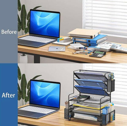 16.75 Inch X 16.75 Inch 7 Tier Desk File Organizer, Letter Tray Paper Organizer and Pen Holder and Metal Hanging Basket (Black)