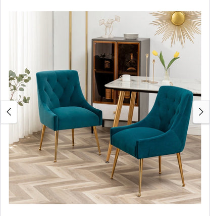 SEYNAR Modern Boucle Velvet Upholstered Accent Dining Chair Set of 2 Tufted Back Armless Chair with Golden Legs (Teal) (New)