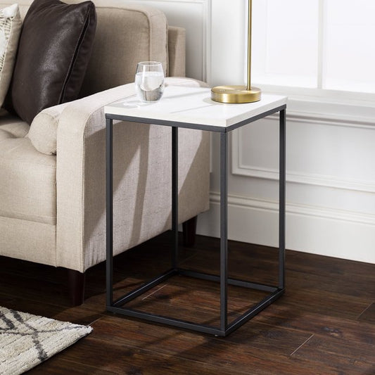 Walker Edison Urban Industrial Wood and Metal End Table, White Faux Marble