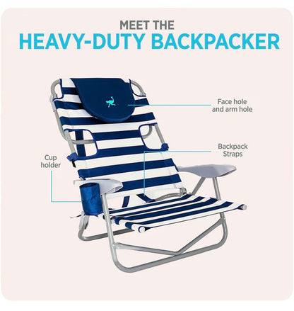 Ostrich The Heavy Duty Backpacker, Portable Beach Chair with Face Hole Adjustable Lounge Chair with Cup Holder 325lb Capacity (Blue Stripes) (New in Box)