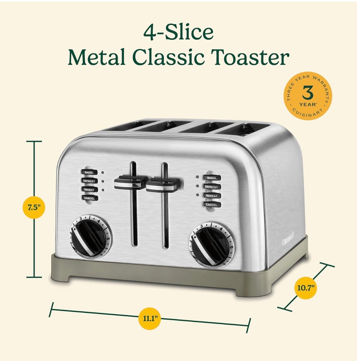 Cuisinart 4 slice compact stainless steel toaster with extra-wide slots for bread, French toast, bagels & pastries