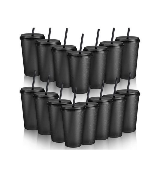 Honeydak 15 Pack Plastic Tumblers with Lids and Straws Bulk Reuseable 24 oz (Black) (New in Box)