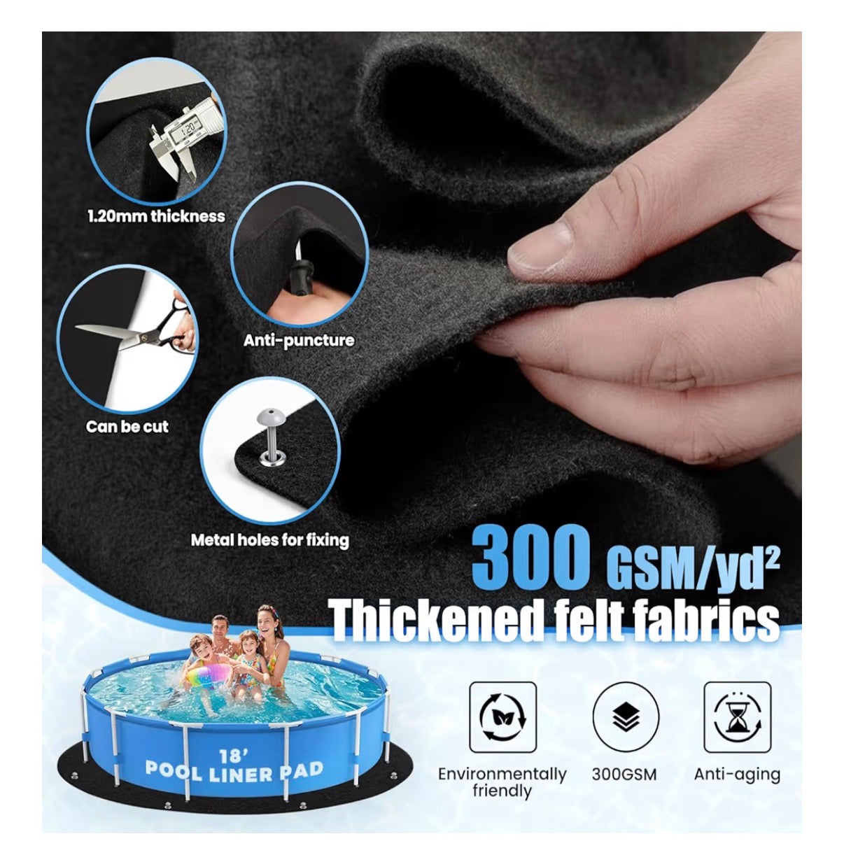 21 Foot Rounf Pool Liner Pad for Above Ground Pools, 300GSM Heavy Duty Thickened Pool Pad with Grommets & Stakes, Anti-Shift Underlay Mat, Puncture & Weed Proof Pool Ground Mat