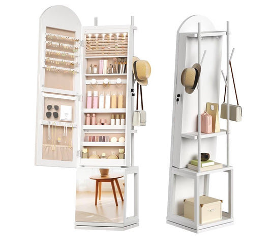 Hoobro Jewelry Cabinet, Staining Jewelry Mirror, Swivel Base and Lock, with LED Light and Open Area, with Hooks for Clothes and Hats, Earrings, Rings, Necklaces and Cosmetic (White) (New in Box)