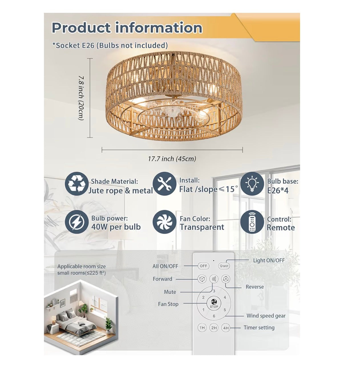 Boho Caged Flush Mount Ceiling Fan with Lights and Remote Control Hand Woven Rattan Chandelier with 6 Speeds Reversible and Timer Enclosed Design for Living Room, Bedroom, or Dining Room (New in Box) (Gold)