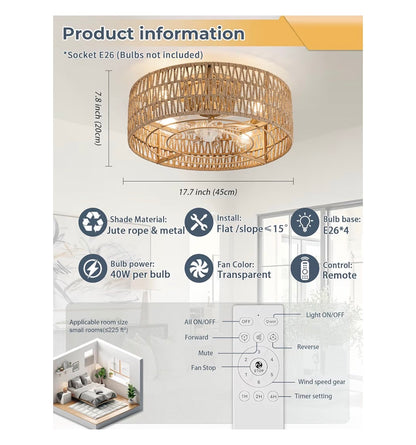 Boho Caged Flush Mount Ceiling Fan with Lights and Remote Control Hand Woven Rattan Chandelier with 6 Speeds Reversible and Timer Enclosed Design for Living Room, Bedroom, or Dining Room (New in Box) (Gold)