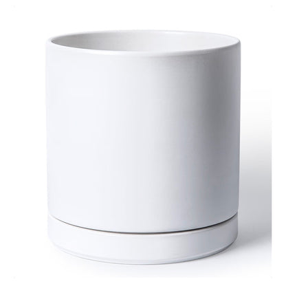 D'Vine Dev 12 Inch Ceramic Planter Pot Modern Cylinder Design, Drainage Hole & Saucer Included, Stable Structure, Elegant Home Accent (White) (New in Box)