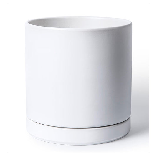D'Vine Dev 12 Inch Ceramic Planter Pot Modern Cylinder Design, Drainage Hole & Saucer Included, Stable Structure, Elegant Home Accent (White) (New in Box)