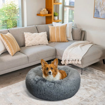 Calming Shag Fur Donut Cuddler Dog Bed, Grey, 23" Round-17" Sleeping Surface