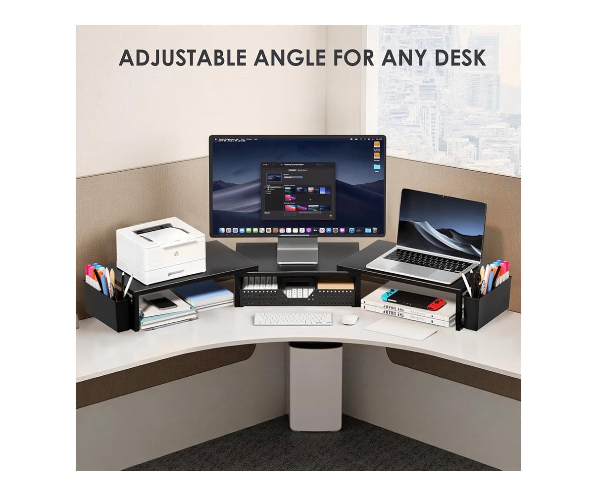 Desk Organizers and Accessories, Dual Monitor Stand Riser with Drawer and 2 Pen Holders, Desk Shelf Computer Racks & Printer Stand for Office Workspace Organizers, Desktop Organization (Black) (new in Box)