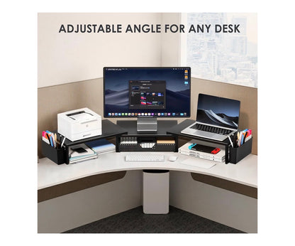 Desk Organizers and Accessories, Dual Monitor Stand Riser with Drawer and 2 Pen Holders, Desk Shelf Computer Racks & Printer Stand for Office Workspace Organizers, Desktop Organization (Black) (new in Box)