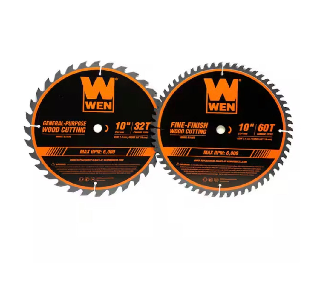 10 inch 32-tooth and 60 tooth carbide-tipped professional woodworking saw blade set (2-pack)