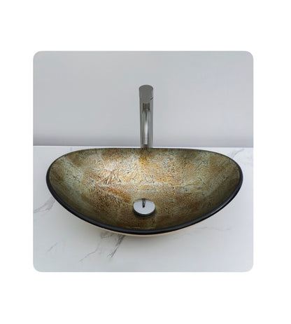 Glass 14 Inch Vessel Oval Modern Antique Gold Bathroom Sink with Drain (New in Box)
