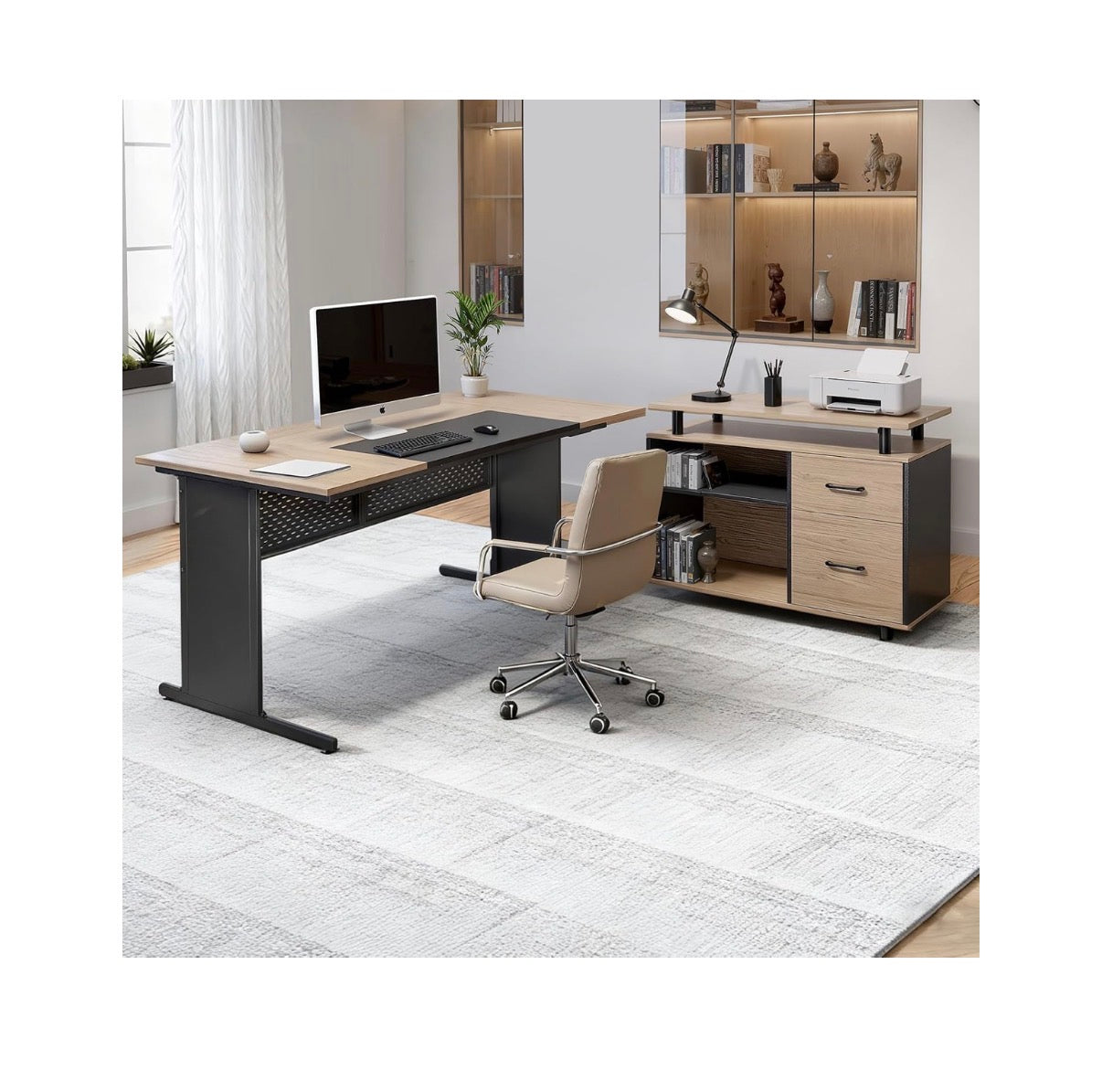 63 Inch L-Shaped Executive Desk, Large Office Desk with Drawers, File Storage Cabinet, Detachable 350lbs Load Capacity Corner Table, Easy Assembly, Business Furniture, Workstation for Home Office (Tan/Black) (New in Box)