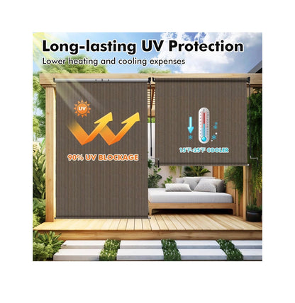 Outdoor Roller Shade 9ft width X 8ft Height, Mocha Exterior Cordless Patio Shades Roll Up Blinds with Spliced Pole Design, One Piece Fabric