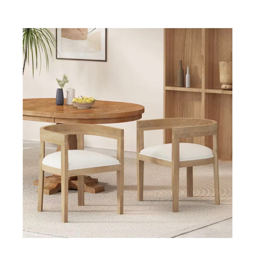 Cinnabar Beige Fabric Upholstered Chair Light Ash Finish Solid Wood Frame Dining Armchair with Curved Back (Set of 2) (Use; Good Condition)