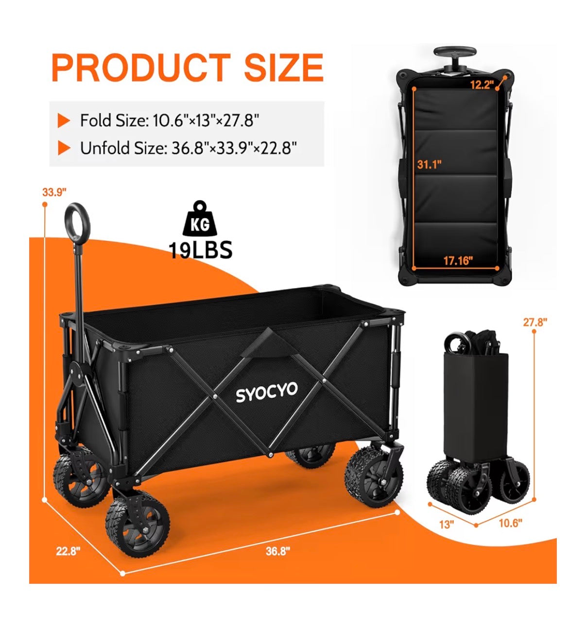 Syocyo Wagon Cart Foldable 420lbs Weight Capacity Collapsible Wagon with Big All Terrain Wheels, Heavy Duty Beach Wagon with Cup Holders for Camping, Gardening, Sports, or Groceries