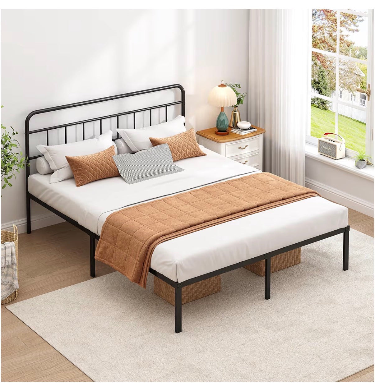 Queen Bed Frame with Classic Headboard, Strong Metal Slats Support, Under Bed Storage Space, No Box Spring Needed, Easy to Assemble (Black) (New in Box)